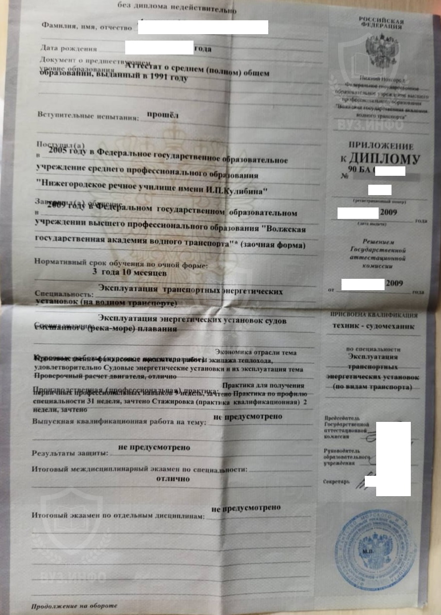 Приложение диплома СПО выданный в ВУЗе ФГОУ ВПО ВГАВТ в 2009 году