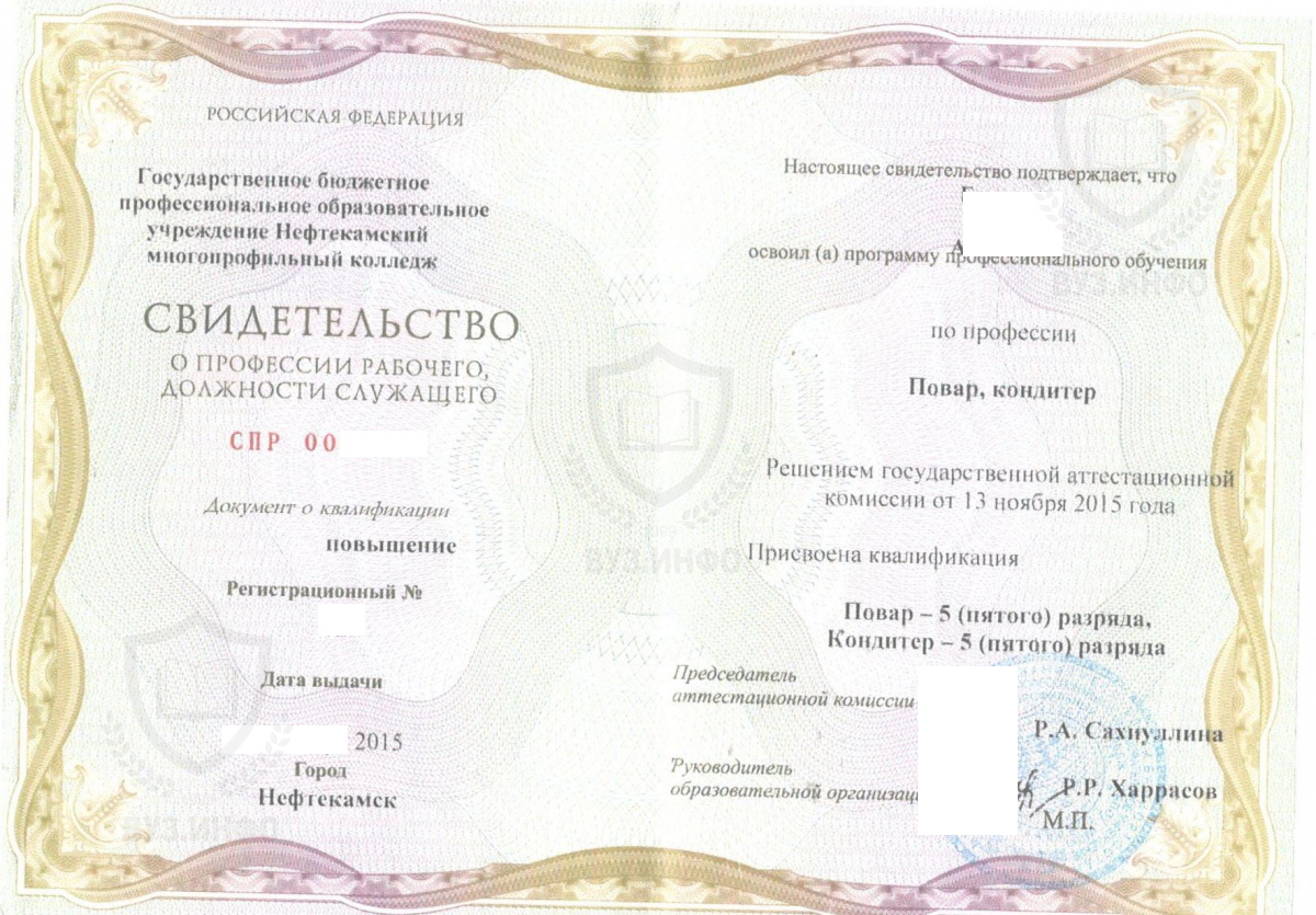 Свидетельство о профессии рабочего повара-кондитера из Нефтекамского многопрофильного колледжа (2015 г.)