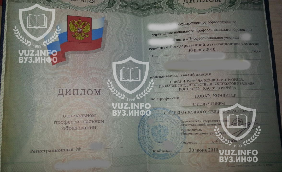 Титульная часть диплома повара ПТУ 2010 года